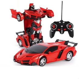 Raudonas transformerio tipo robotas-automobilis su pultu