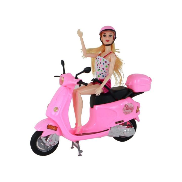 Lėlės rinkinys su rožiniu motoroleriu ir šalmu