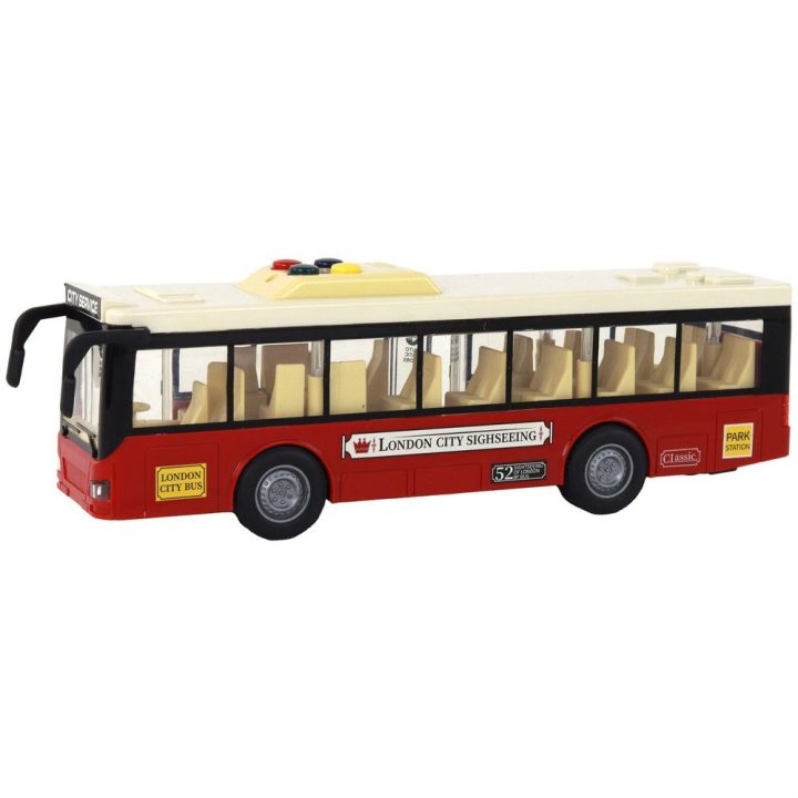 Žaislinis raudonas miesto autobusas su garsais ir šviesomis 1:16