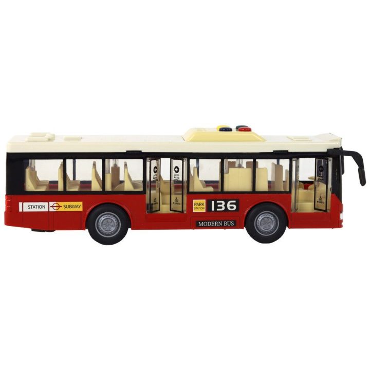 Žaislinis raudonas miesto autobusas su garsais ir šviesomis 1:16