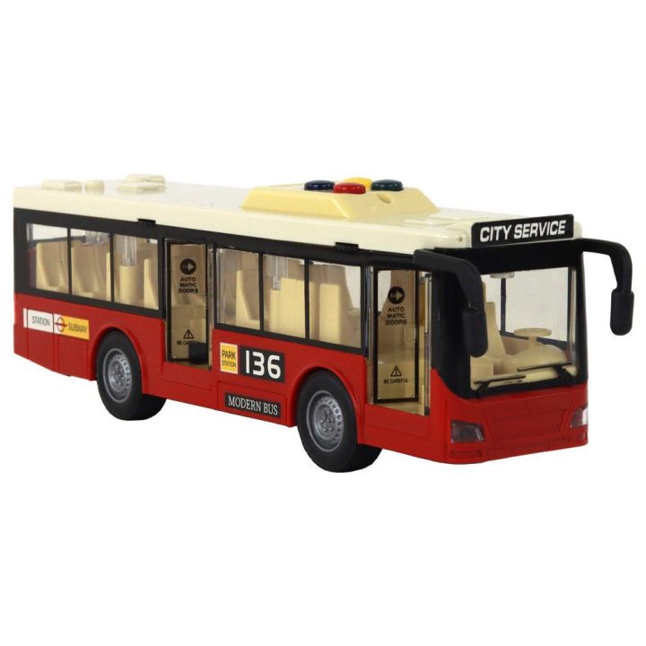 Žaislinis raudonas miesto autobusas su garsais ir šviesomis 1:16