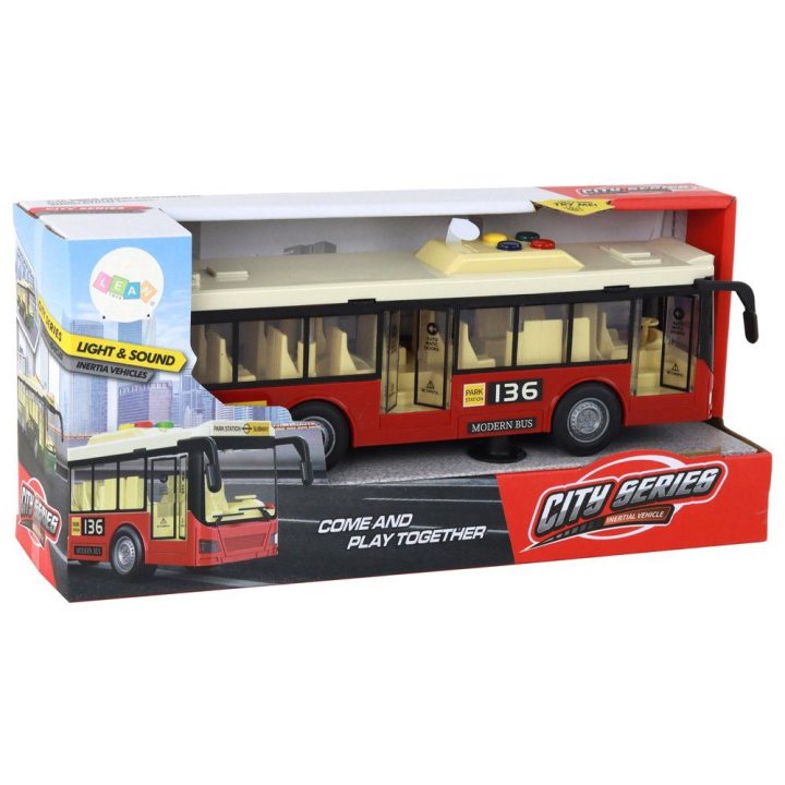 Žaislinis raudonas miesto autobusas su garsais ir šviesomis 1:16