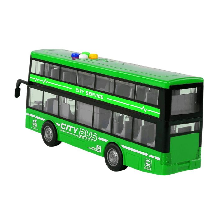 Žalias dviejų aukštų žaislinis autobusas su šviesomis ir garsu