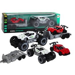 Žaislinių visureigių ir sportinių automobilių rinkinys su tralu