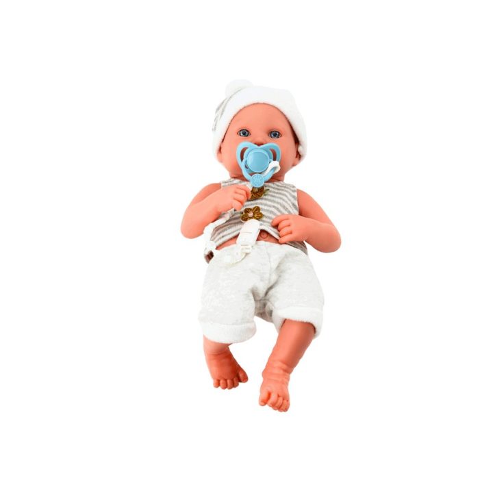 Baby doll in white and gray clothes, hat, pacifier, and blanket