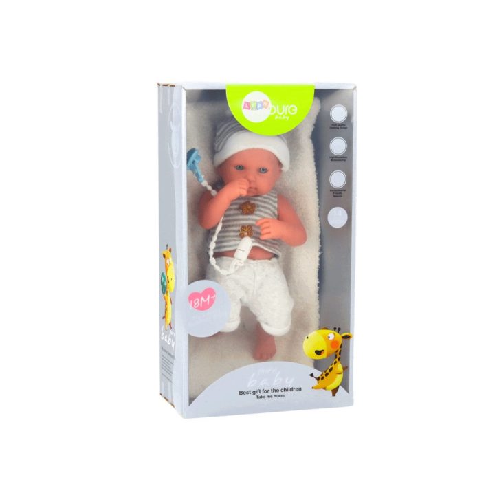 Baby doll in white and gray clothes, hat, pacifier, and blanket