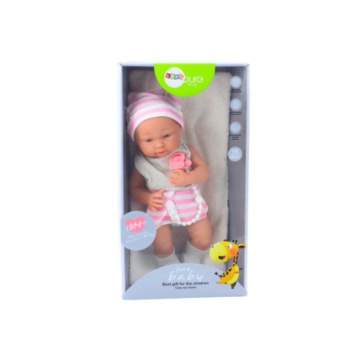 Baby doll in white and pink clothes, hat, pacifier, bib, quilt