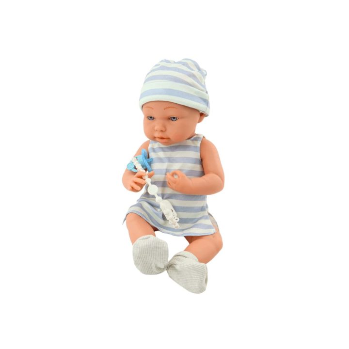 Baby doll in blue and white clothes, hat, pacifier, bib, quilt