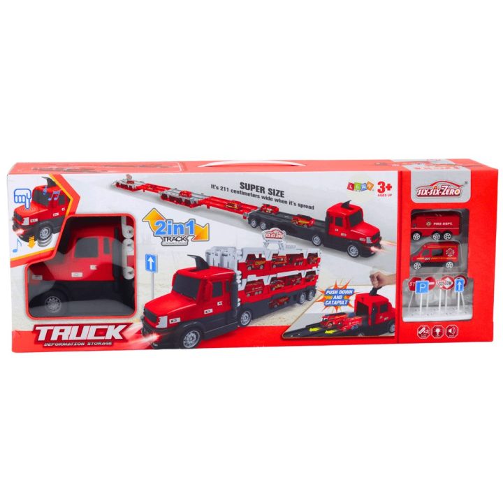 Lora Tow Truck Race Track 2in1 Lights Sounds Signs Cars Red