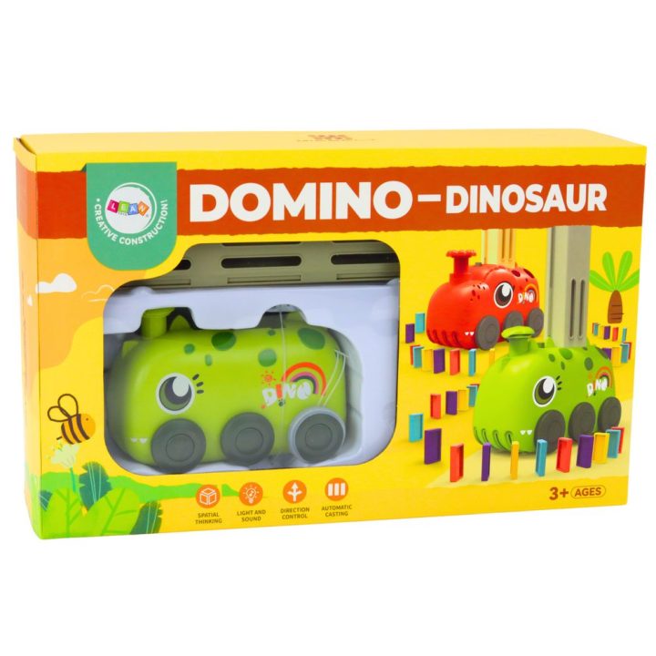 Vaikiškas žalias dinozauro formos domino traukinukas su kaladėlėmis