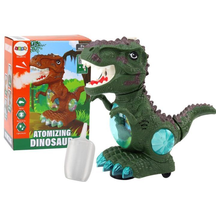 Žalias žaislinis dinozauras su šviesomis, garsais ir dūmais