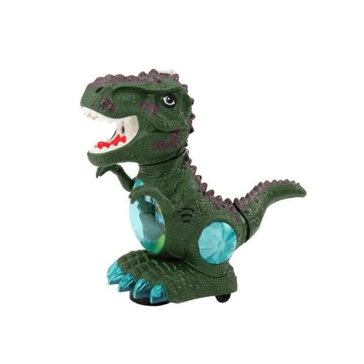 Žalias žaislinis dinozauras su šviesomis, garsais ir dūmais