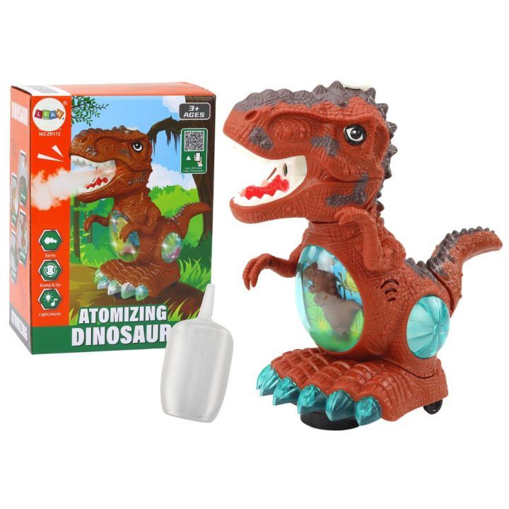 Žaislinis rudas dinozauras su šviesomis, muzika ir garais