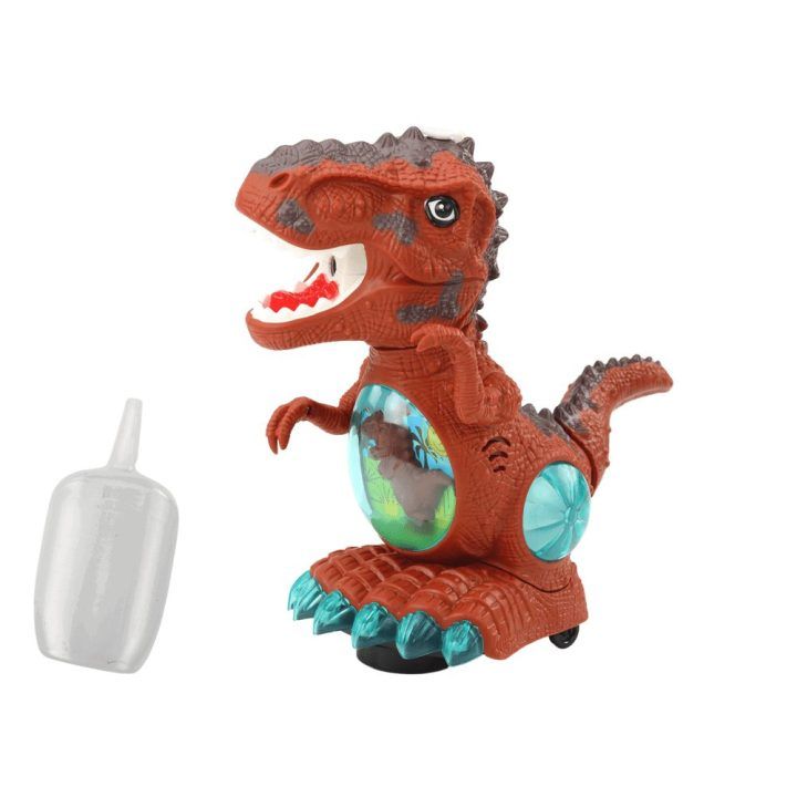 Žaislinis rudas dinozauras su šviesomis, muzika ir garais
