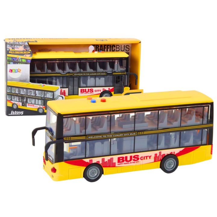 Dviaukštis geltonas žaislinis autobusas su garsais ir šviesomis 1:16