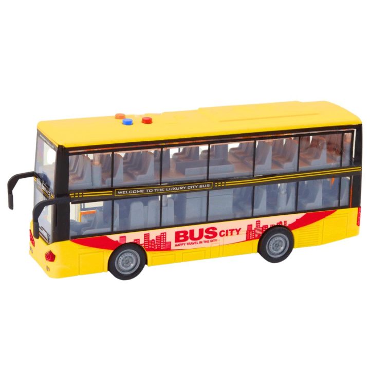 Dviaukštis geltonas žaislinis autobusas su garsais ir šviesomis 1:16