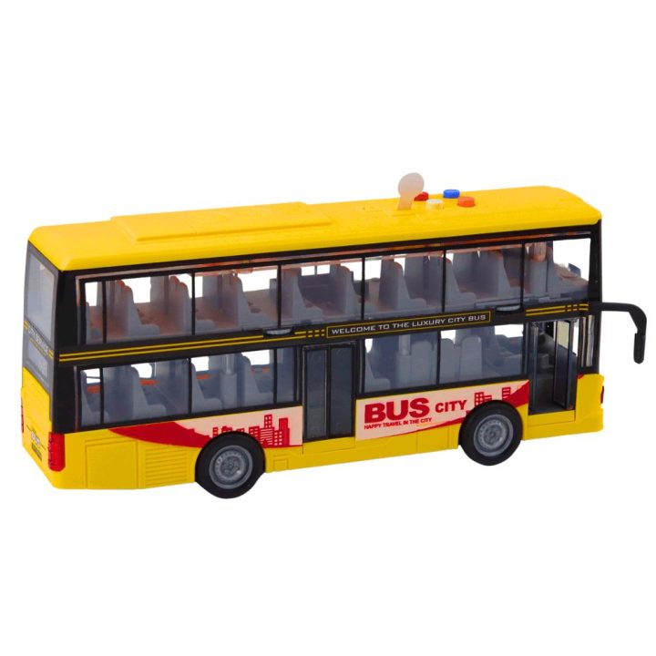 Dviaukštis geltonas žaislinis autobusas su garsais ir šviesomis 1:16
