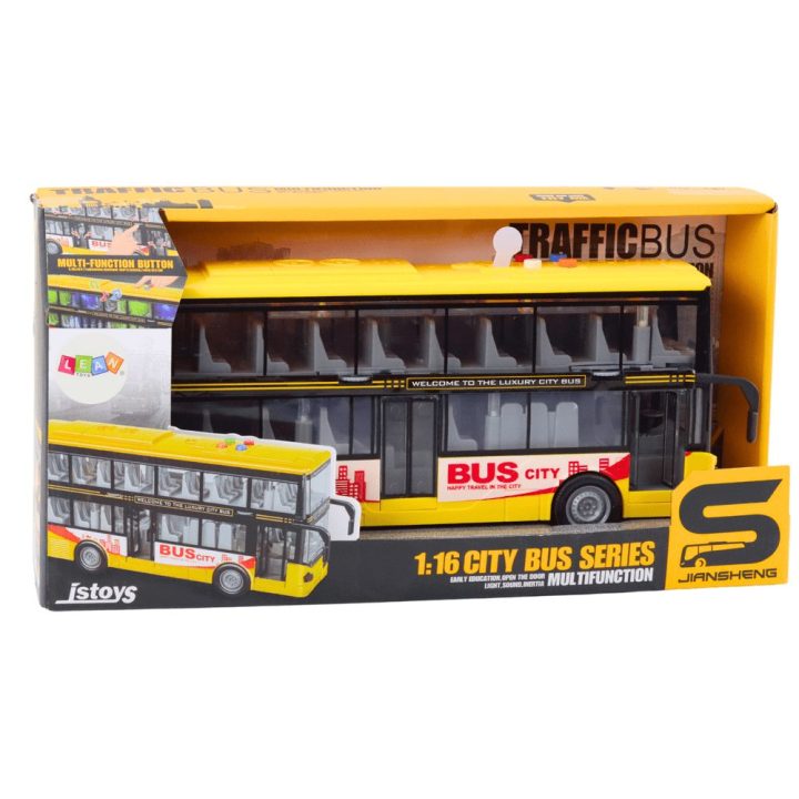 Dviaukštis geltonas žaislinis autobusas su garsais ir šviesomis 1:16
