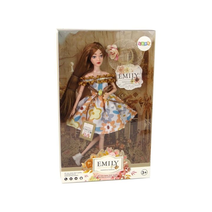 Lėlė Emily su rudais plaukais ir gėlėta suknele