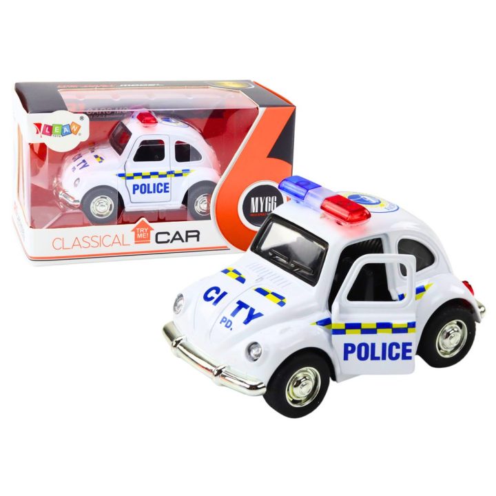 Žaislinis policijos automobilis su šviesomis ir garsu, baltas