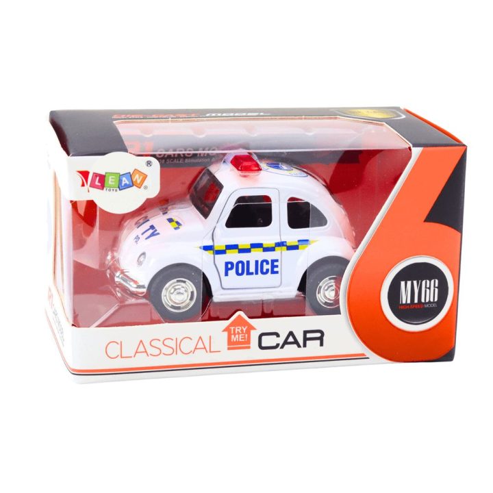 Žaislinis policijos automobilis su šviesomis ir garsu, baltas
