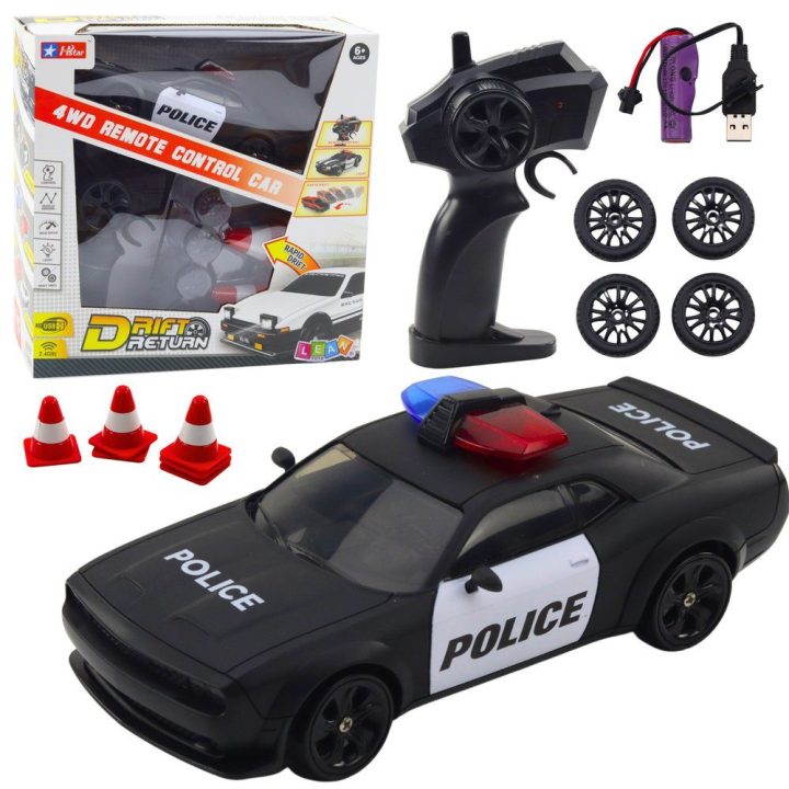 RC policijos automobilis su keičiamais ratais ir pultu 4WD