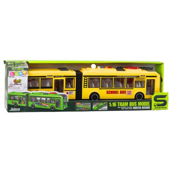 Geltonas žaislinis mokyklinis autobusas su garsais ir šviesomis 1:16
