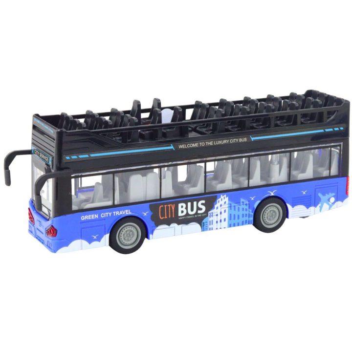 Mėlynas dviaukštis miesto autobuso žaislas su šviesomis 1:16