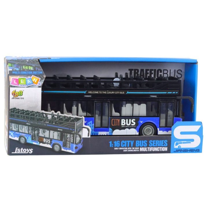 Mėlynas dviaukštis miesto autobuso žaislas su šviesomis 1:16