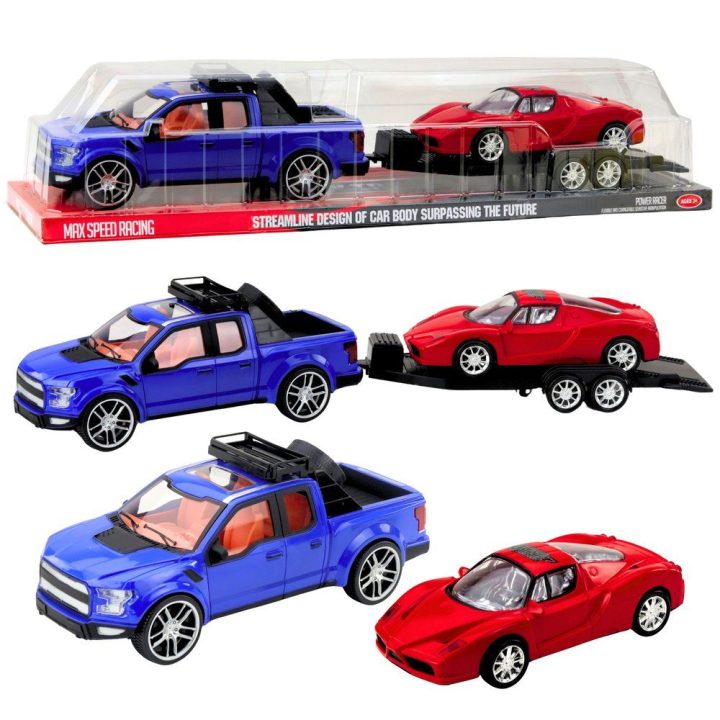 Žaislinis visureigis su sportinio automobilio priekaba