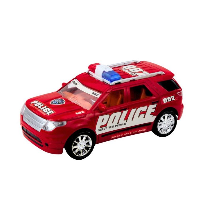 Policijos visureigių rinkinys su tralu ir patruliniu automobiliu