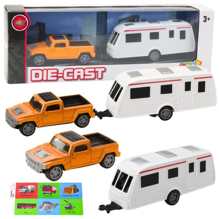 Metalinio automobilio ir kemperio priekabos rinkinys, oranžinis
