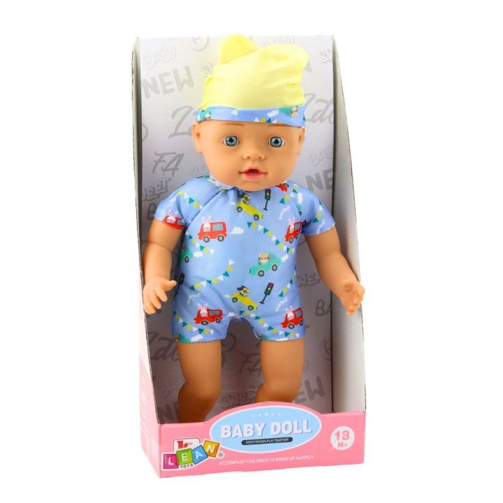 Lėlė kūdikiui mėlynais drabužiais ir kepuraite, 31 cm