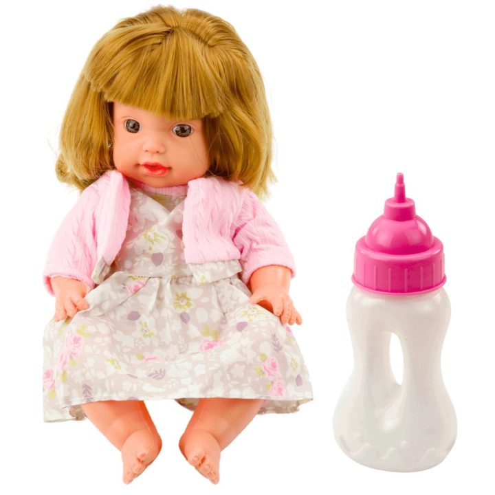 Lėlė kūdikis su buteliuku ir garsais, 30 cm, rožinė suknelė