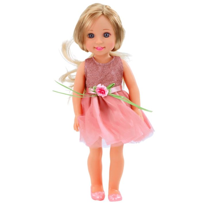 Lėlė rožine suknele ir šukuotuvu, 38 cm