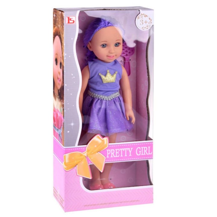 Lėlė su violetine suknele ir karūna, 38 cm