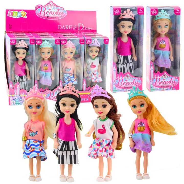 Lėlytė princesė su karūna ir spalvinga suknele 14 cm