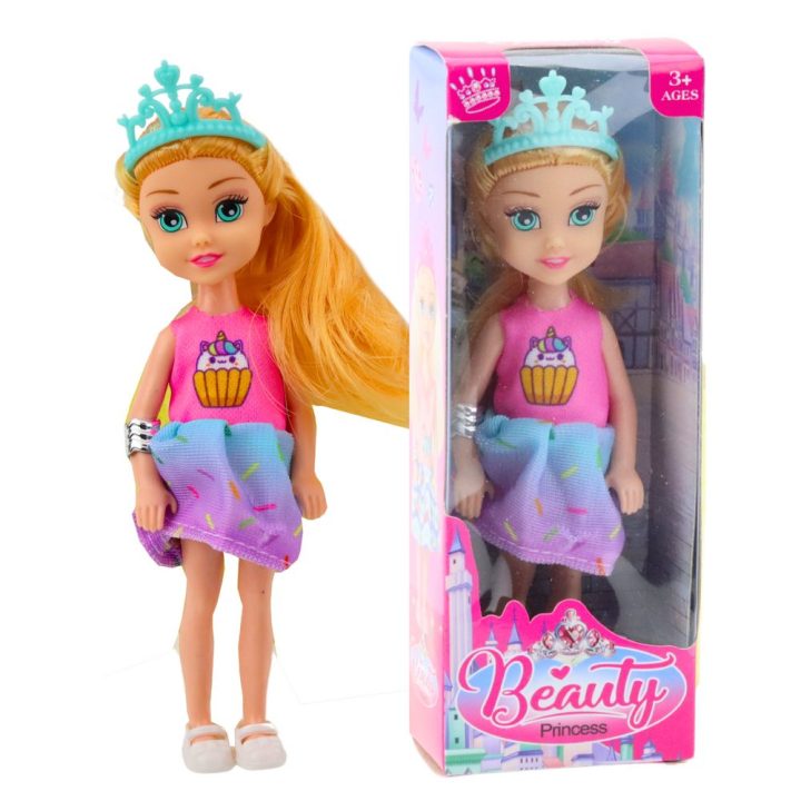 Lėlytė princesė su karūna ir spalvinga suknele 14 cm