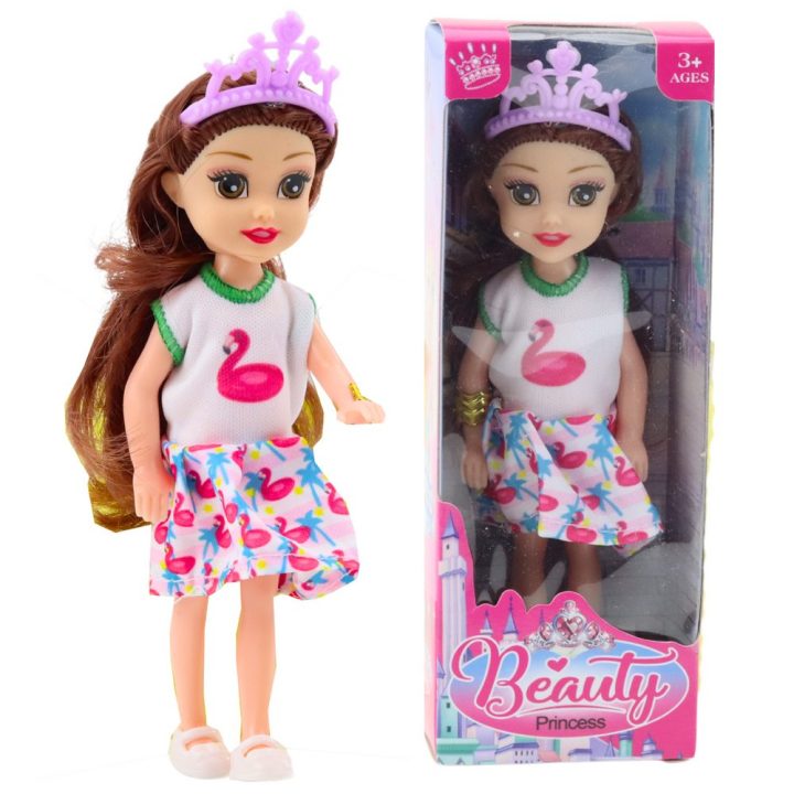 Lėlytė princesė su karūna ir spalvinga suknele 14 cm