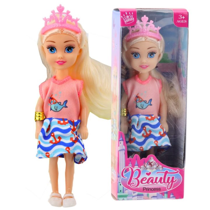 Lėlytė princesė su karūna ir spalvinga suknele 14 cm