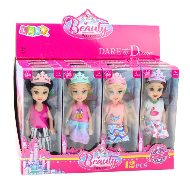 Lėlytė princesė su karūna ir spalvinga suknele 14 cm