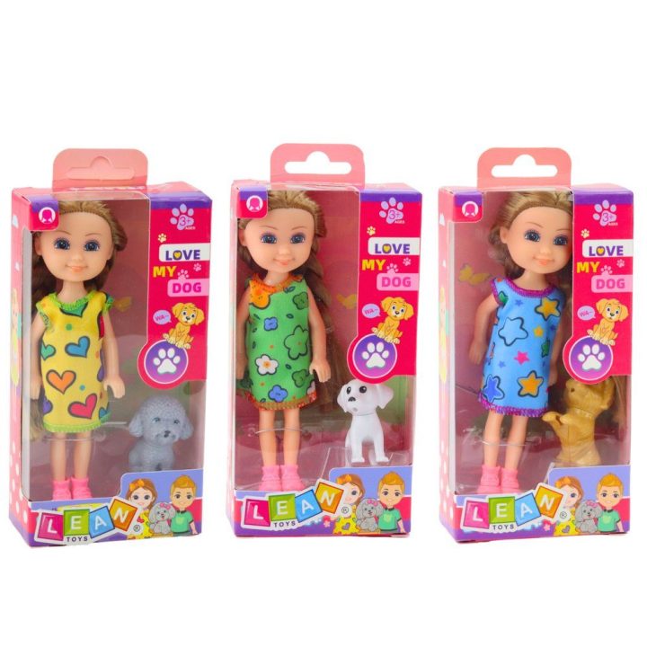 Lėlės su suknele ir šuniuku rinkinys, 14,5 cm