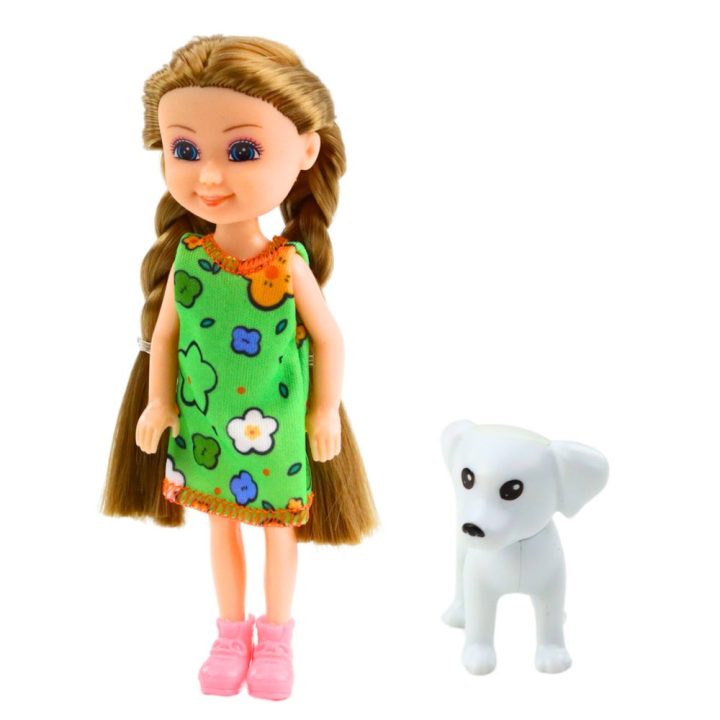Lėlės su suknele ir šuniuku rinkinys, 14,5 cm