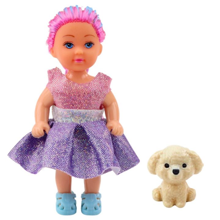 Lėlių rinkinys su suknelėmis ir šuniuku, 12 cm