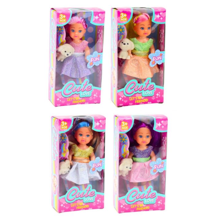 Lėlių rinkinys su suknelėmis ir šuniuku, 12 cm