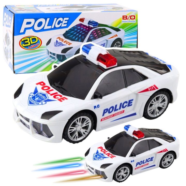 Policijos žaislinis automobilis su šviesomis ir garsais, baltas