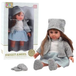 Lėlė mėlyna suknele ir pilku komplektu, 36,5 cm