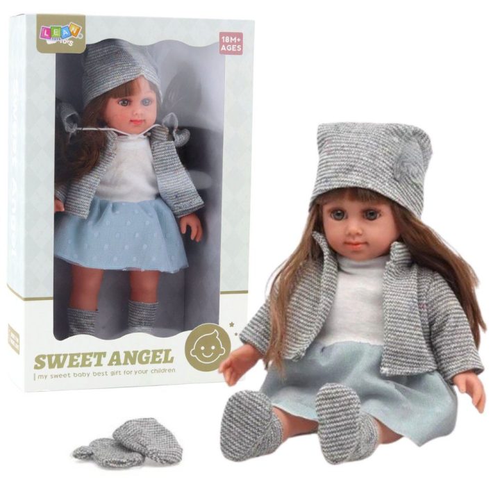 Lėlė mėlyna suknele ir pilku komplektu, 36,5 cm
