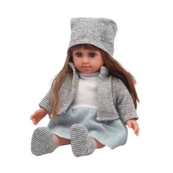 Lėlė mėlyna suknele ir pilku komplektu, 36,5 cm
