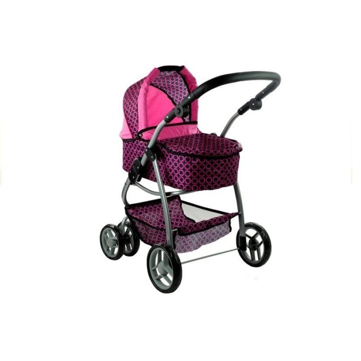 Lėlių vežimėlis 2in1 rožinis su juodais taškais Alice